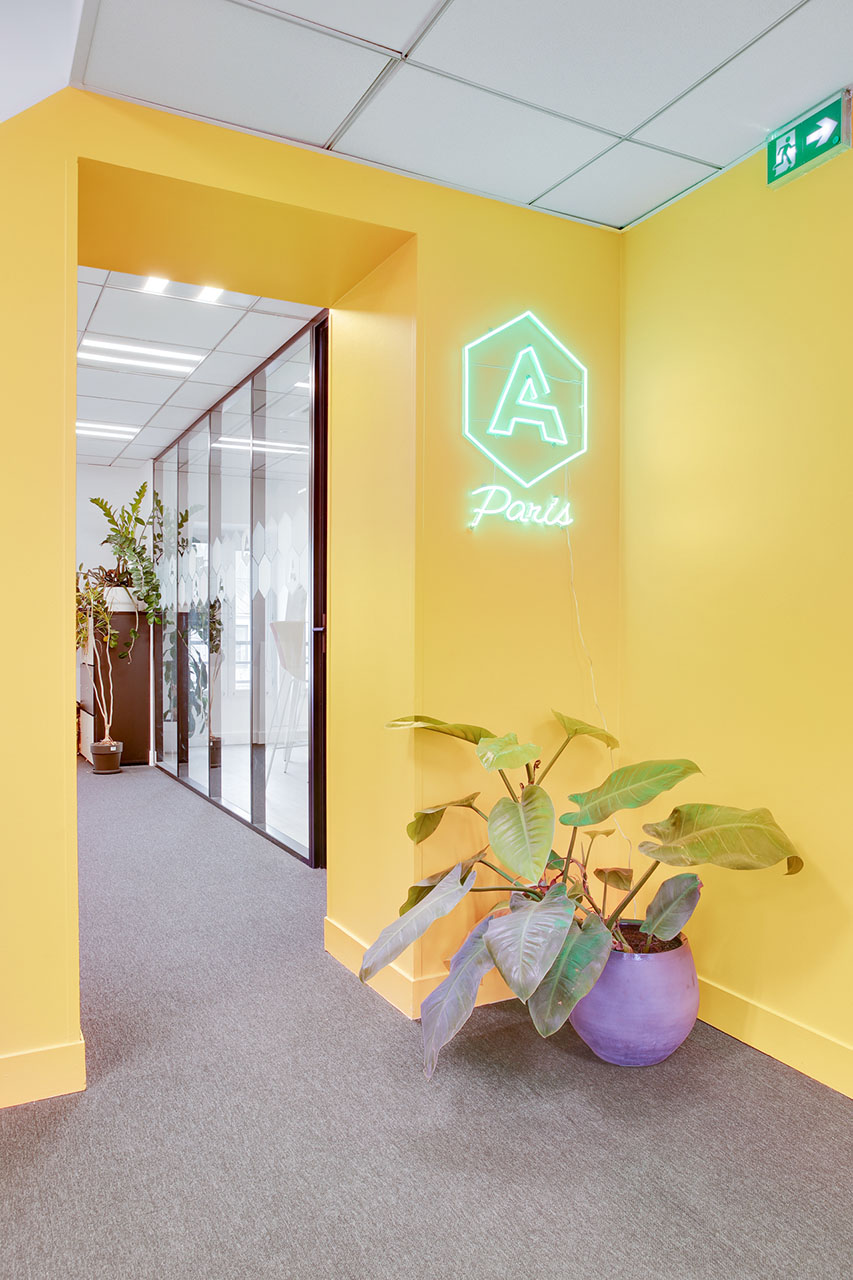 Couloir bureau avec mur jaune et une plante